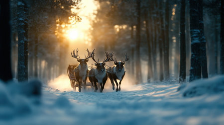 Reindeer pulling Santa's sleigh through a snowy forest on a crisp winter eveningの素材
