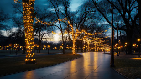 A holiday lights display with twinkling Christmas lights strung up in a public parkの素材
