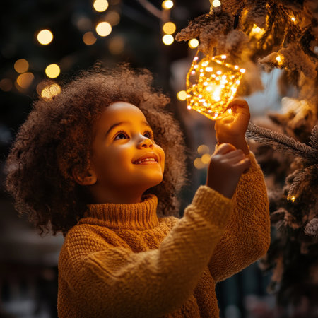 A young girl is holding a lighted object in her hand, possibly a Christmas ornament smiling and enjoying the momentの素材