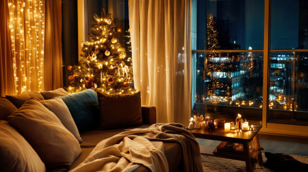Bright holiday decorations with glittering lights, baubles, and ribbons adorning a cozy living roomの素材