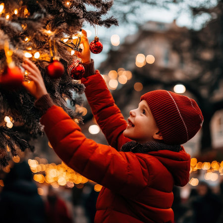 A young boy is reaching for a red ornament on a Christmas tree. wearing a red jacket and a red hatの素材