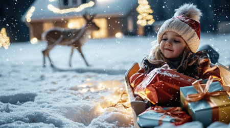 girl child and sled a reindeer The sleigh was filled with colorful wrapped gifts. A snowy Christmas Eve scene decoration lit up in the yard and a cozy home in the backgroundの素材