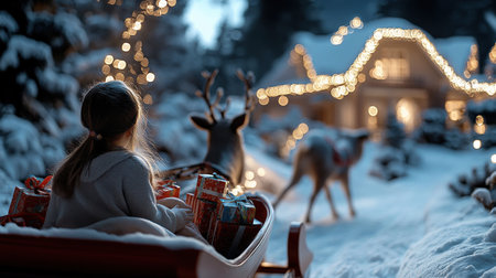 girl child and sled a reindeer The sleigh was filled with colorful wrapped gifts. A snowy Christmas Eve scene decoration lit up in the yard and a cozy home in the backgroundの素材
