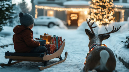 boy child and sled a reindeer The sleigh was filled with colorful wrapped gifts. A snowy Christmas Eve scene decoration lit up in the yard and a cozy home in the backgroundの素材