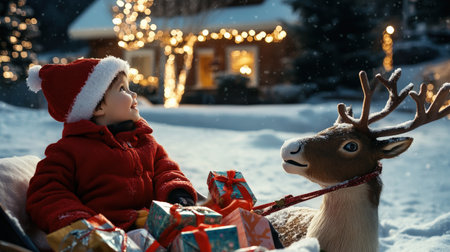 boy child and sled a reindeer The sleigh was filled with colorful wrapped gifts. A snowy Christmas Eve scene decoration lit up in the yard and a cozy home in the backgroundの素材