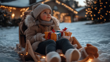 girl child and sled a reindeer The sleigh was filled with colorful wrapped gifts. A snowy Christmas Eve scene decoration lit up in the yard and a cozy home in the backgroundの素材