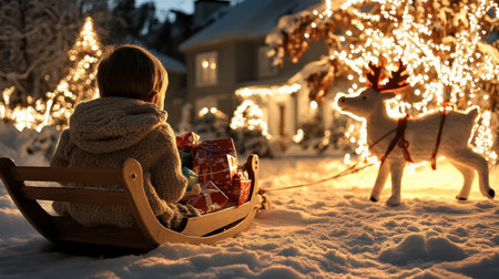 boy child and sled a reindeer The sleigh was filled with colorful wrapped gifts. A snowy Christmas Eve scene decoration lit up in the yard and a cozy home in the backgroundの素材