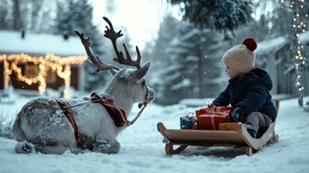 boy child and sled a reindeer The sleigh was filled with colorful wrapped gifts. A snowy Christmas Eve scene decoration lit up in the yard and a cozy home in the backgroundの素材