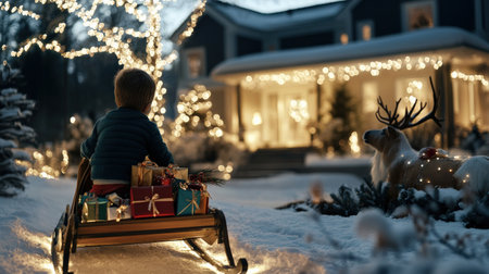 boy child and sled a reindeer The sleigh was filled with colorful wrapped gifts. A snowy Christmas Eve scene decoration lit up in the yard and a cozy home in the backgroundの素材