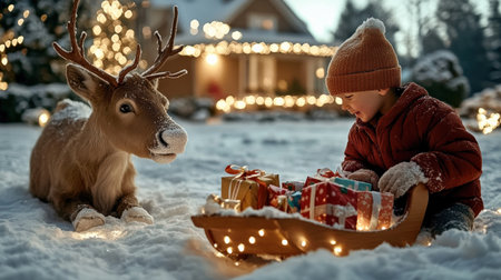boy child and sled a reindeer The sleigh was filled with colorful wrapped gifts. A snowy Christmas Eve scene decoration lit up in the yard and a cozy home in the backgroundの素材
