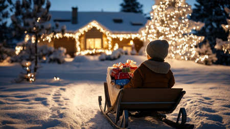 boy child and sled a reindeer The sleigh was filled with colorful wrapped gifts. A snowy Christmas Eve scene decoration lit up in the yard and a cozy home in the backgroundの素材