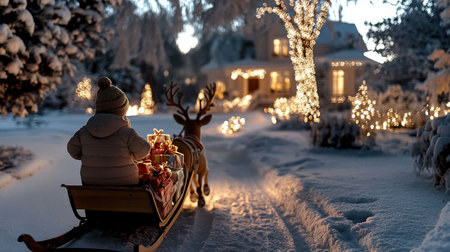 boy child and sled a reindeer The sleigh was filled with colorful wrapped gifts. A snowy Christmas Eve scene decoration lit up in the yard and a cozy home in the backgroundの素材