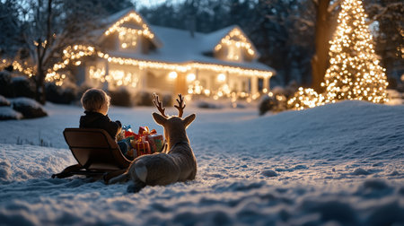 boy child and sled a reindeer The sleigh was filled with colorful wrapped gifts. A snowy Christmas Eve scene decoration lit up in the yard and a cozy home in the backgroundの素材