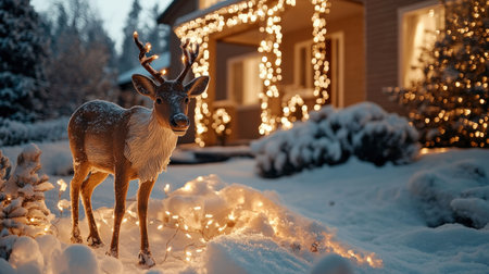 Close up a reindeer A snowy Christmas Eve scene, with a reindeer decoration lit up in the yard and a cozy home in the backgroundの素材