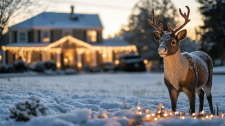 Close up a reindeer A snowy Christmas Eve scene, with a reindeer decoration lit up in the yard and a cozy home in the backgroundの素材