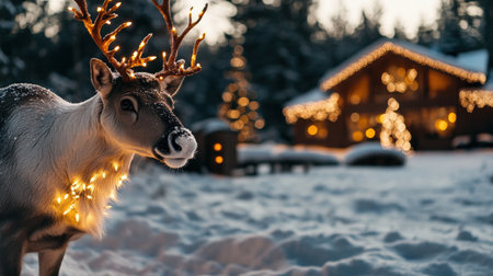 Close up a reindeer A snowy Christmas Eve scene, with a reindeer decoration lit up in the yard and a cozy home in the backgroundの素材