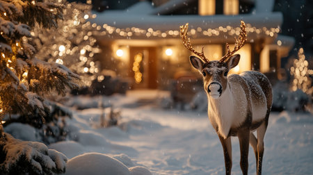 Close up a reindeer A snowy Christmas Eve scene, with a reindeer decoration lit up in the yard and a cozy home in the backgroundの素材