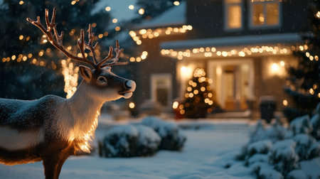 Close up a reindeer A snowy Christmas Eve scene, with a reindeer decoration lit up in the yard and a cozy home in the backgroundの素材