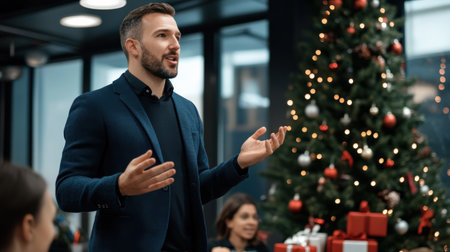 A CEO giving a Christmas speech to employees during a company holiday party, with a tree and gifts in the backgroundの素材