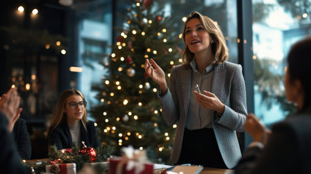 A woman CEO giving a Christmas speech to employees during a company holiday party, with a tree and gifts in the backgroundの素材