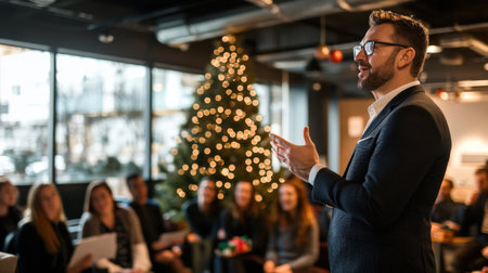 A CEO giving a Christmas speech to employees during a company holiday party, with a tree and gifts in the backgroundの素材