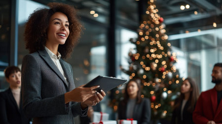 A black woman CEO giving a Christmas speech to employees during a company holiday party, with a tree and gifts in the backgroundの素材