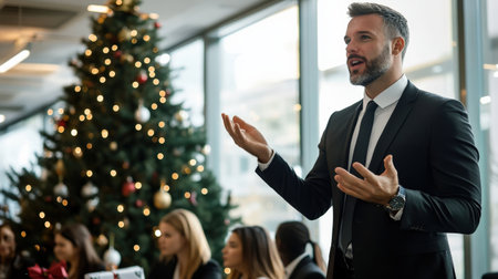A CEO giving a Christmas speech to employees during a company holiday party, with a tree and gifts in the backgroundの素材