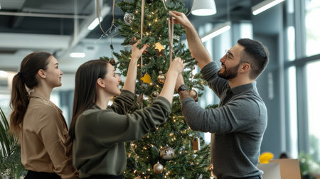 A professional team decorating the office Christmas tree, bringing holiday cheer to the workplaceの素材