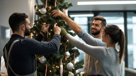 A professional team decorating the office Christmas tree, bringing holiday cheer to the workplace --ar 16:9 --personalize jaydbm9 --v 6.1 Job ID: e6ddd248-b4a8-465b-8d2f-473506eab8ccの素材