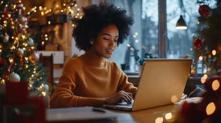 A close-up of A black businesswoman short hair while working on her laptop in a festively decorated officeの素材