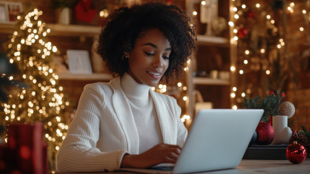 A close-up of A black businesswoman short hair while working on her laptop in a festively decorated officeの素材