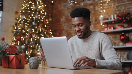 A close-up of A black businessman short hair while working on her laptop in a festively decorated officeの素材