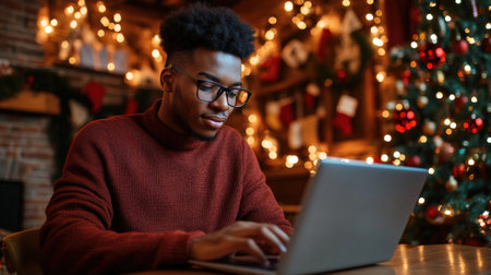 A close-up of A black businessman short hair while working on her laptop in a festively decorated officeの素材