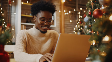 A close-up of A black businesswoman short hair while working on her laptop in a festively decorated officeの素材