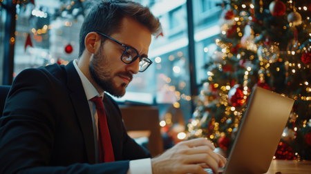 A close-up of A businessman short hair while working on her laptop in a festively decorated officeの素材