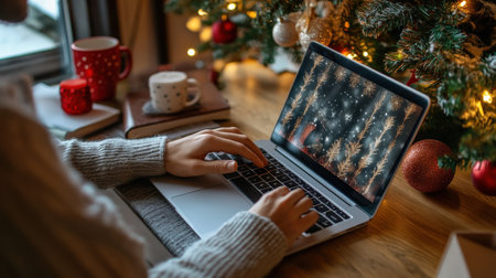 A close-up of A businessman short hair while working on her laptop in a festively decorated officeの素材