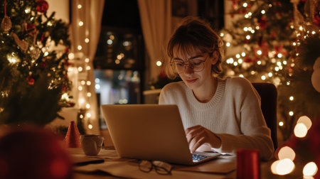 A close-up of A businesswoman short hair while working on her laptop in a festively decorated officeの素材
