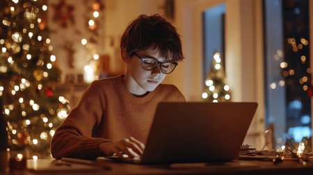 A close-up of A businessman short hair while working on her laptop in a festively decorated officeの素材