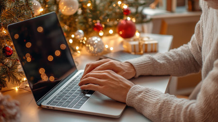 A close-up of A businessman short hair while working on her laptop in a festively decorated officeの素材