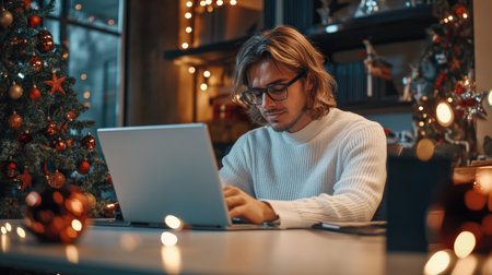 A close-up of A businessman short hair while working on her laptop in a festively decorated officeの素材