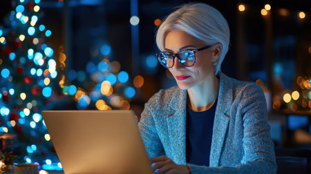 A close-up of A businesswoman white hair short hair while working on her laptop in a festively decorated officeの素材