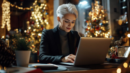 A close-up of A young businesswoman white hair while working on her laptop in a festively decorated officeの素材