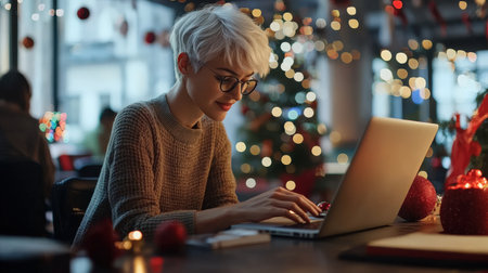 A close-up of A senior businesswoman white hair while working on her laptop in a festively decorated officeの素材
