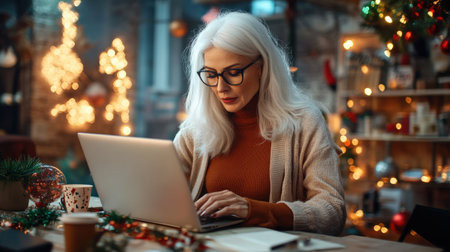 A close-up of A businesswoman white hair while working on her laptop in a festively decorated officeの素材