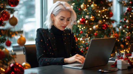 A close-up of A young businesswoman white hair while working on her laptop in a festively decorated officeの素材
