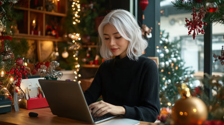 A close-up of A Asia Japan businesswoman white hair while working on her laptop in a festively decorated officeの素材