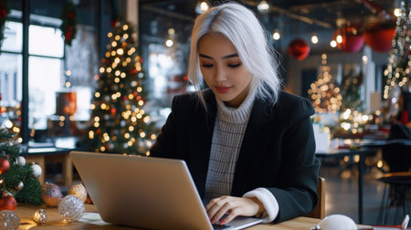 A close-up of A Asia Japan businesswoman white hair while working on her laptop in a festively decorated officeの素材