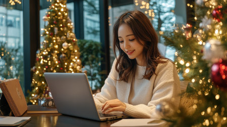 A close-up of A Asia Japan businesswoman while working on her laptop in a festively decorated officeの素材