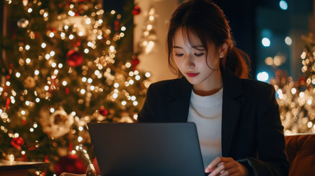 A close-up of A Asia Japan businesswoman while working on her laptop in a festively decorated officeの素材