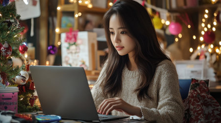 A close-up of A Asia businesswoman while working on her laptop in a festively decorated officeの素材